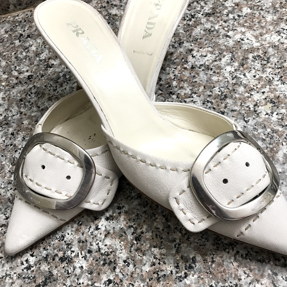 Prada leather buckled kitten heeled mules